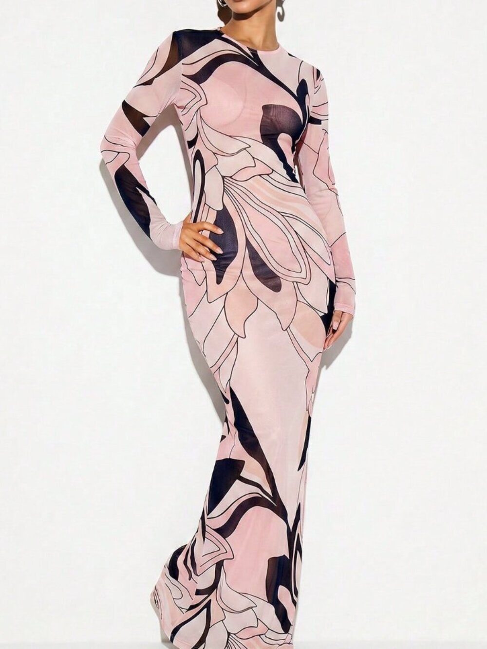 Pink Casual Women's Mesh Cover-Up Maxi Dress with Floral Pattern Crew Neckline